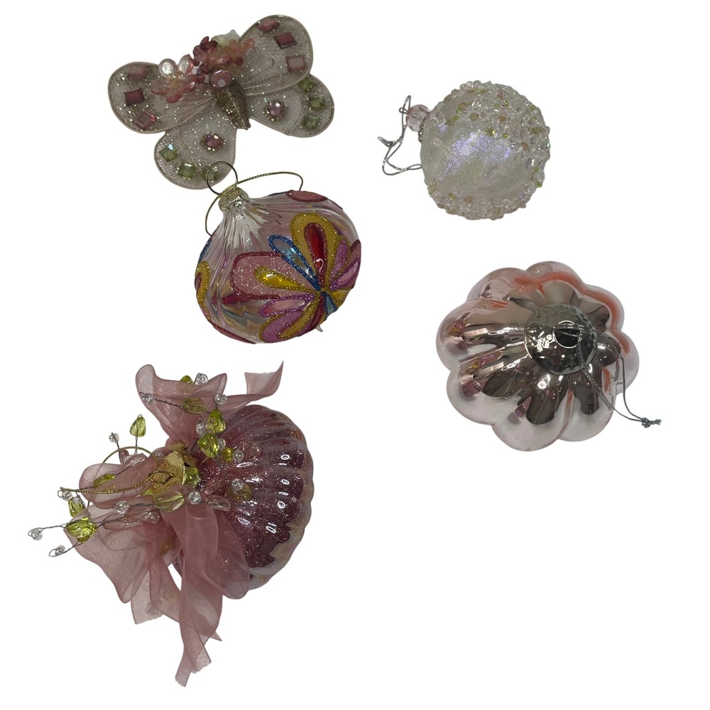 Set of 5 Ornate Glitter Butterfly Christmas Pink Gold Ornaments Tree Decor‎